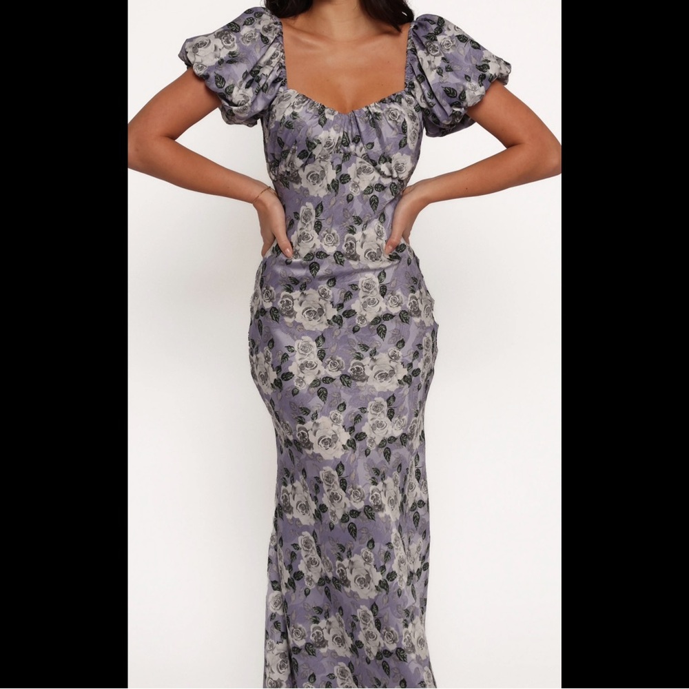 PETAL & PUP Marjorie Sweetheart Neck MIDI Dress Roses Floral Puff Sleeve Sz S